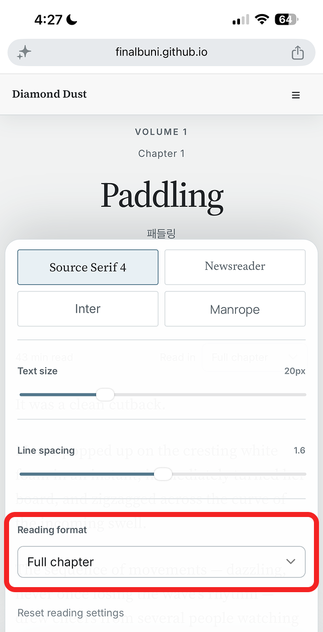 In Reading Settings, the Reading format dropdown is highlighted.